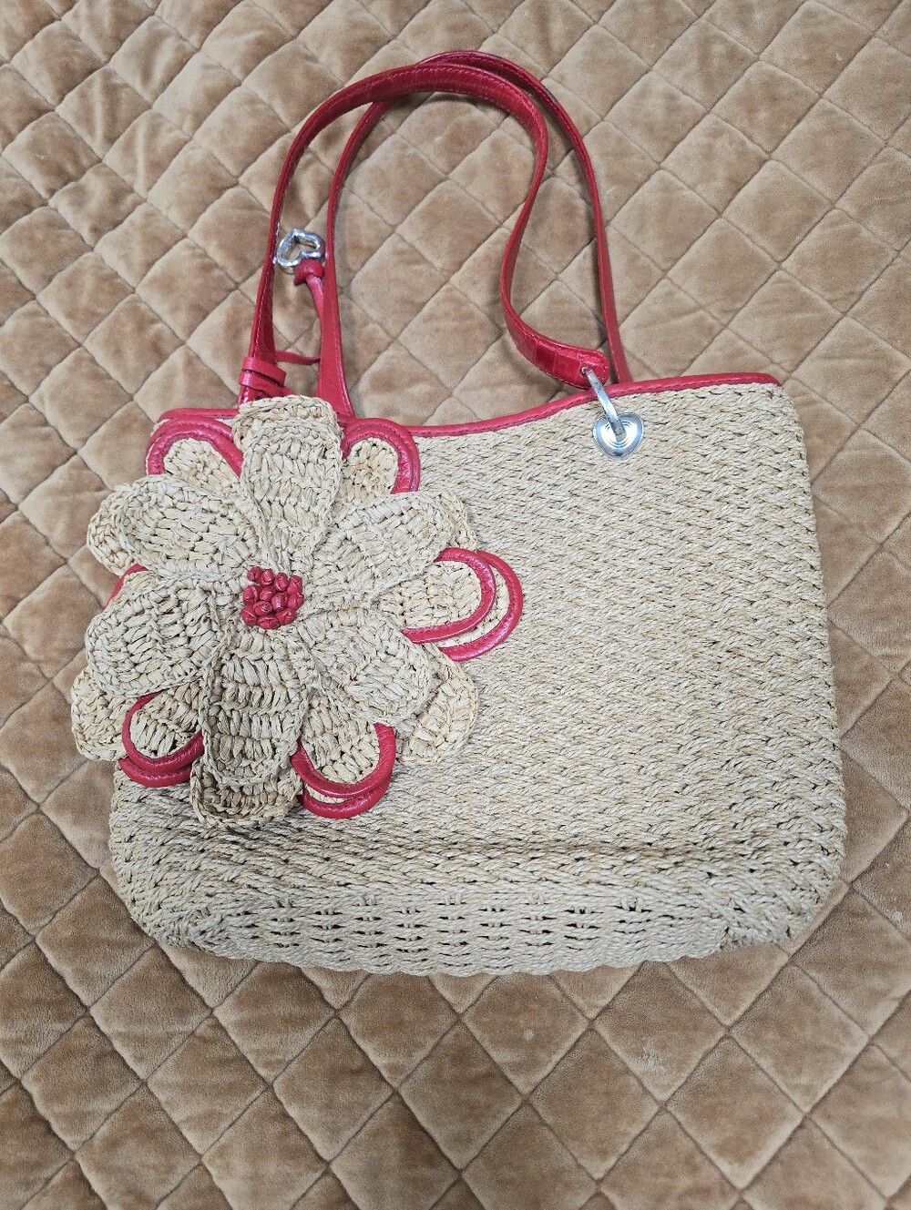 Brighton Woven Straw Tote with Red Trim and Flower Accent
